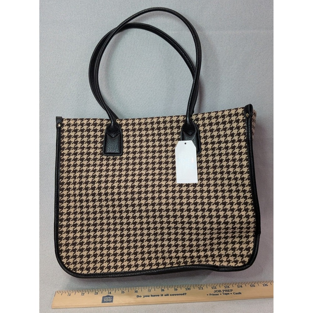 Tote Bag Women Medium Tan Black Like New Houndstooth Faux Leather Trim
